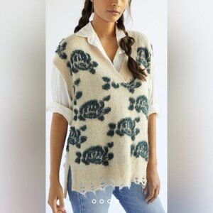 Anthropologie Distressed Floral Sweater Vneck Vest Size Large
